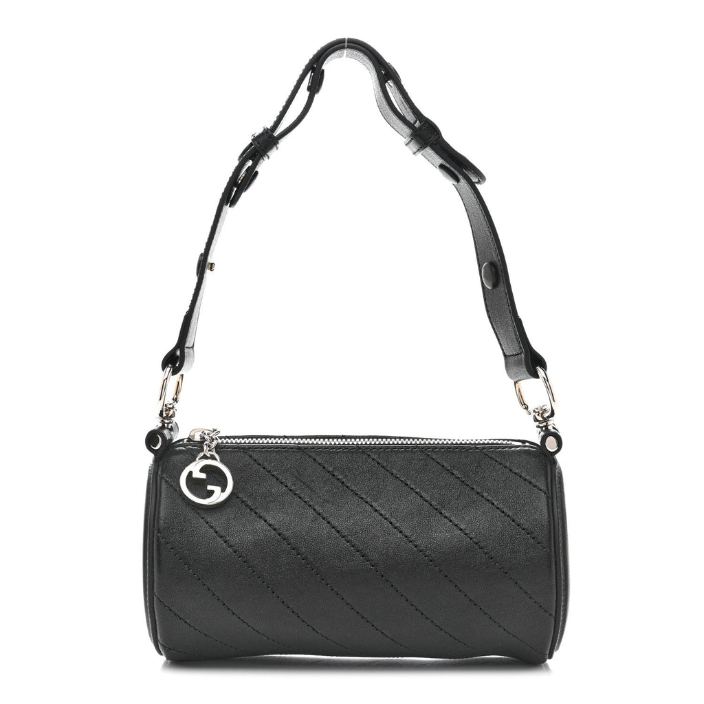 Sakai Be Green Calfskin Diagonal Stitched Mini Blondie Barrel Shoulder Bag Black