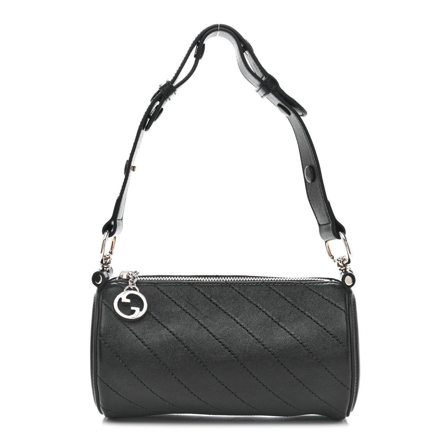 Sakai Be Green Calfskin Diagonal Stitched Mini Blondie Barrel Shoulder Bag Black
