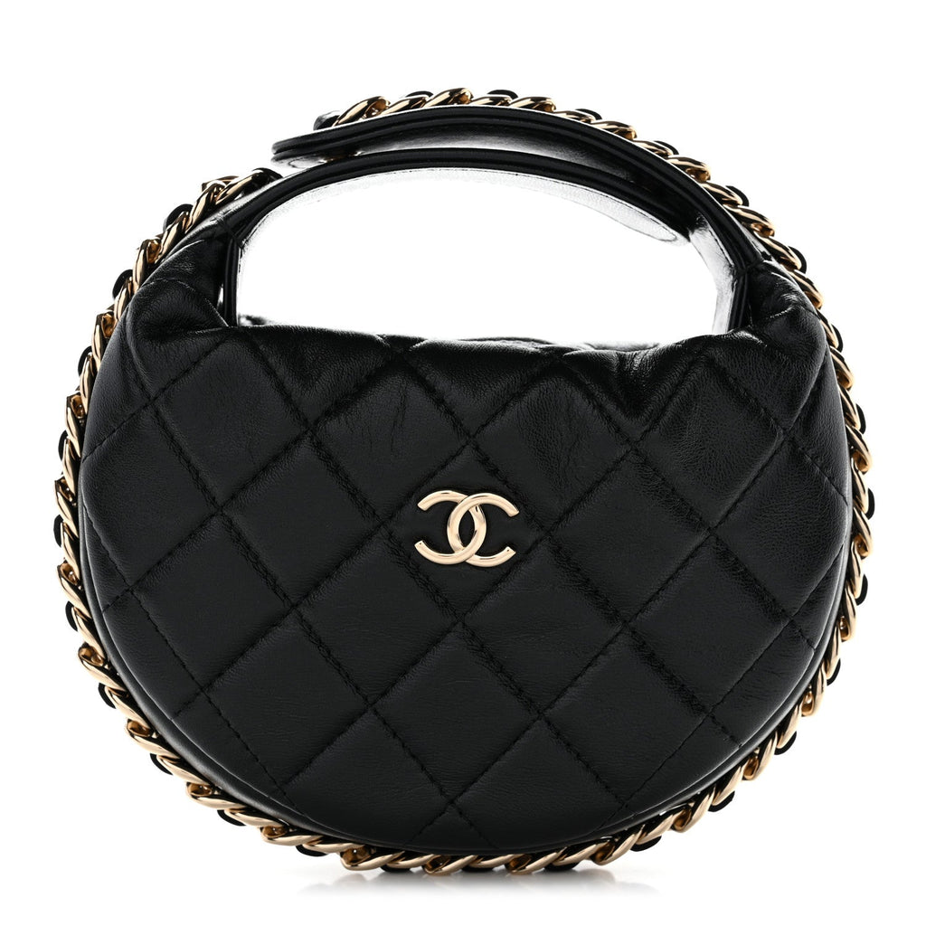 Lambskin Quilted Chain Around Pouch Black