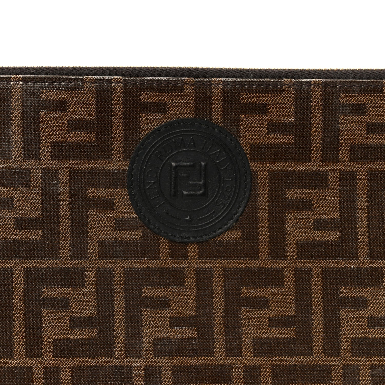 Glazed Fabric Vitello Century FF 1974 Stamp Patch Large Flat Pouch Mogano Panna Black