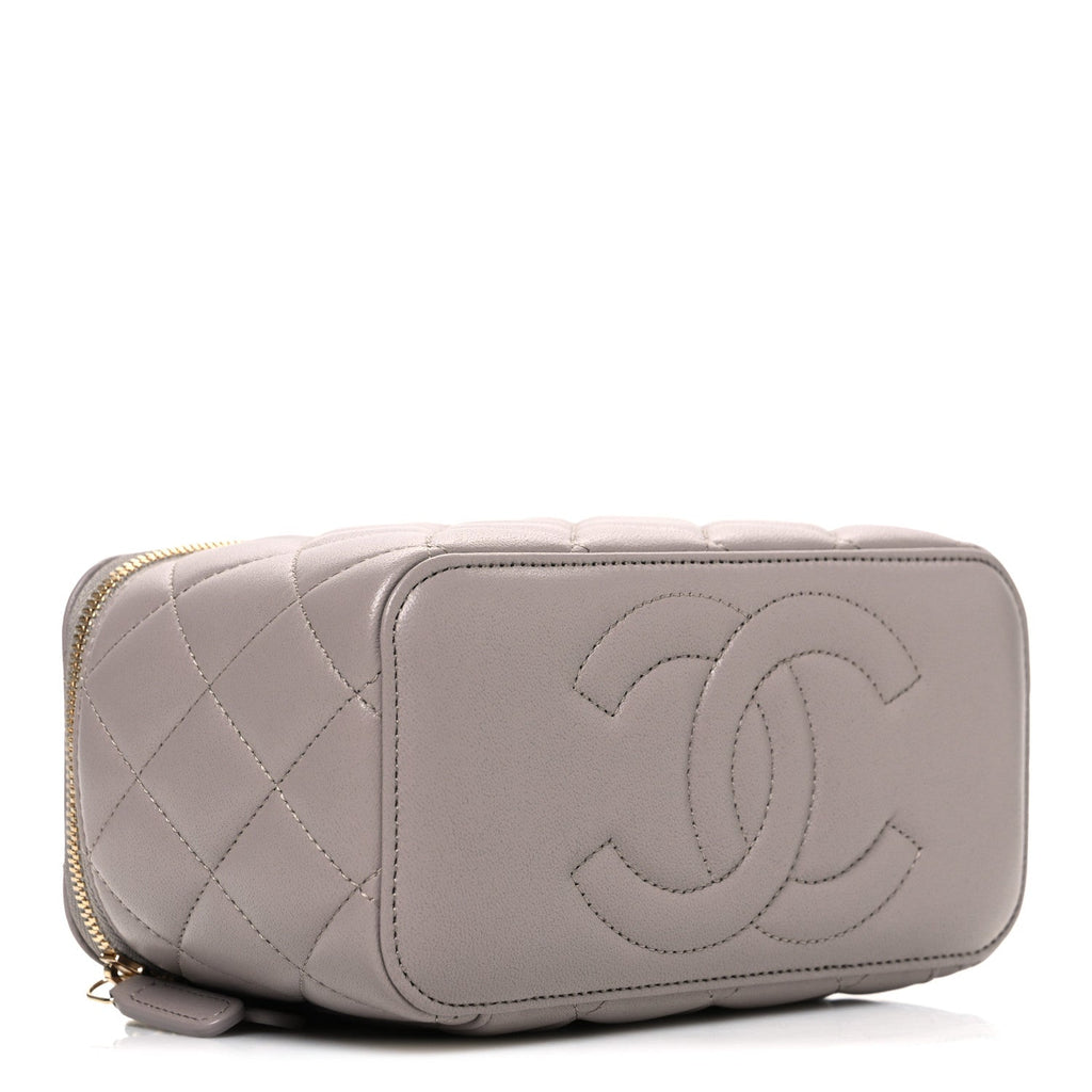 Lambskin Quilted Small Top Handle Vanity Case With Chain Dark Grey