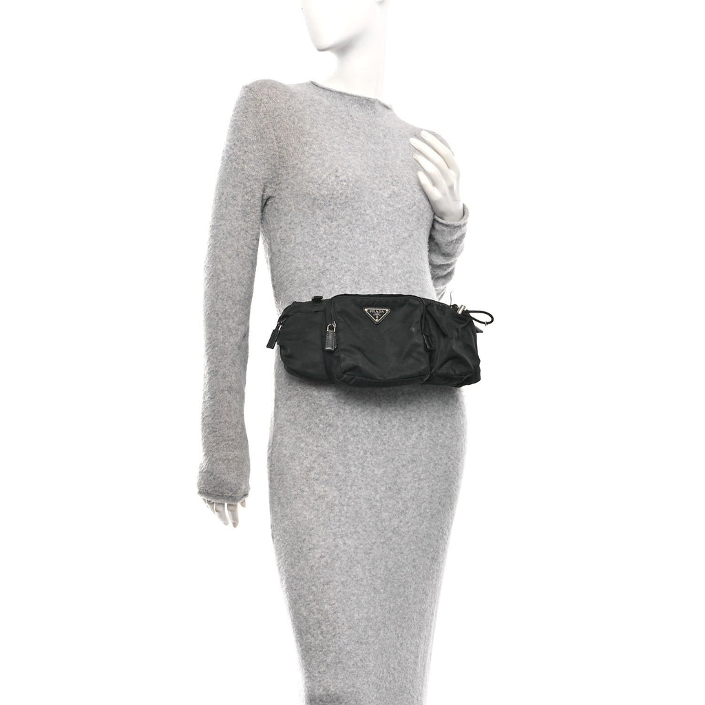 Re-Nylon Saffiano Metal Triple Pocket Belt Bag Black