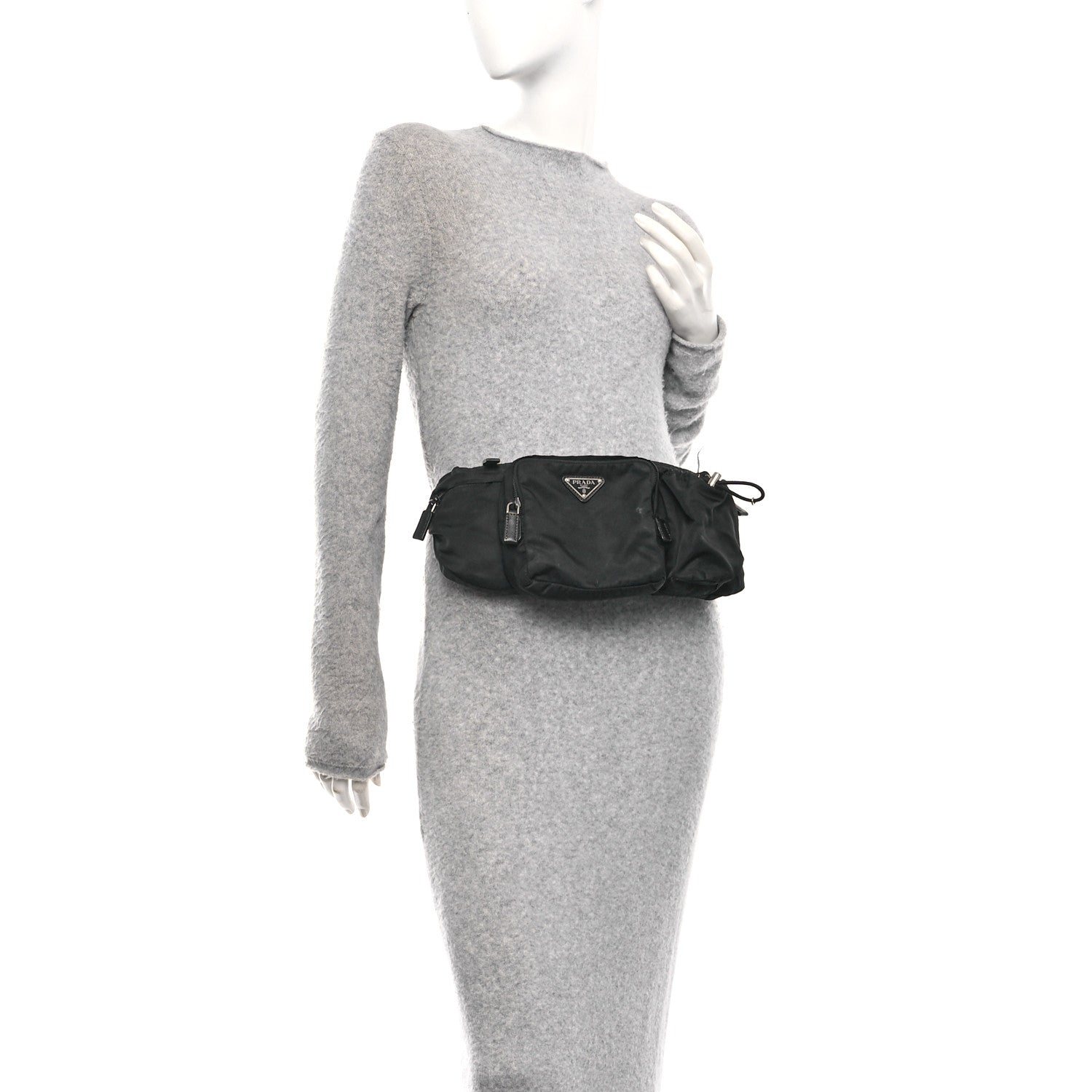 Re-Nylon Saffiano Metal Triple Pocket Belt Bag Black