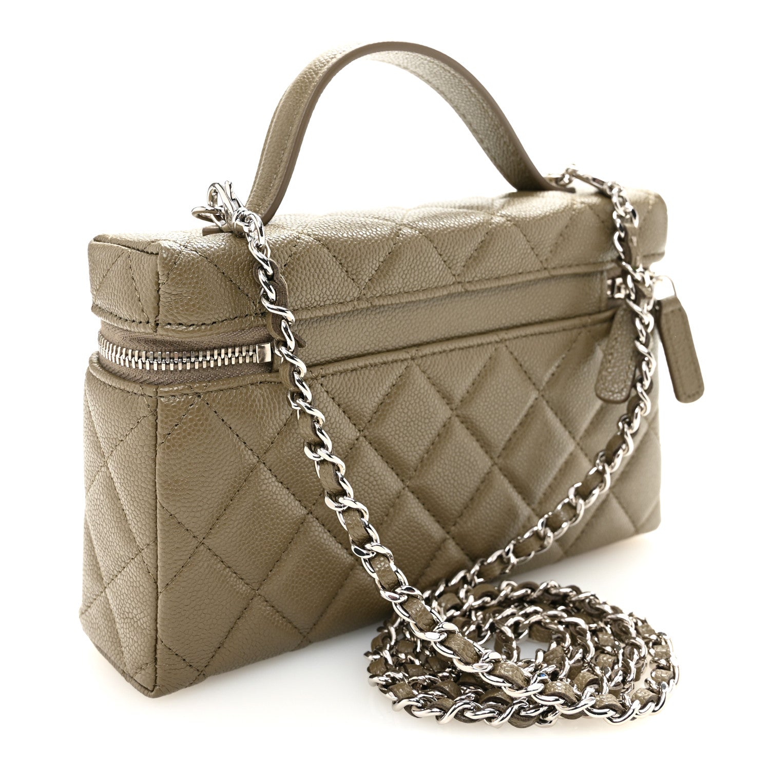 Caviar Quilted Top Handle Slim Vanity With Chain Dark Khaki