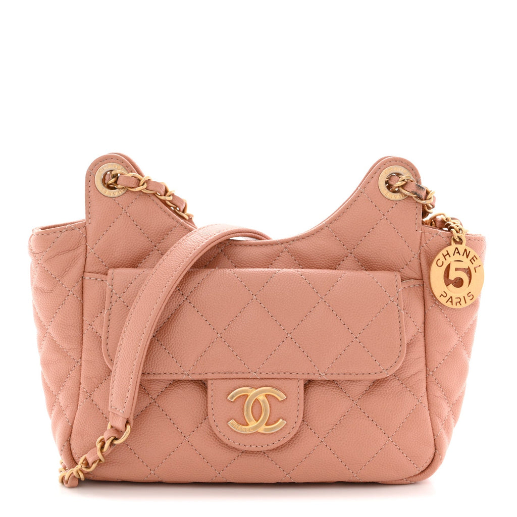 Caviar Quilted Small Wavy CC Hobo Coral