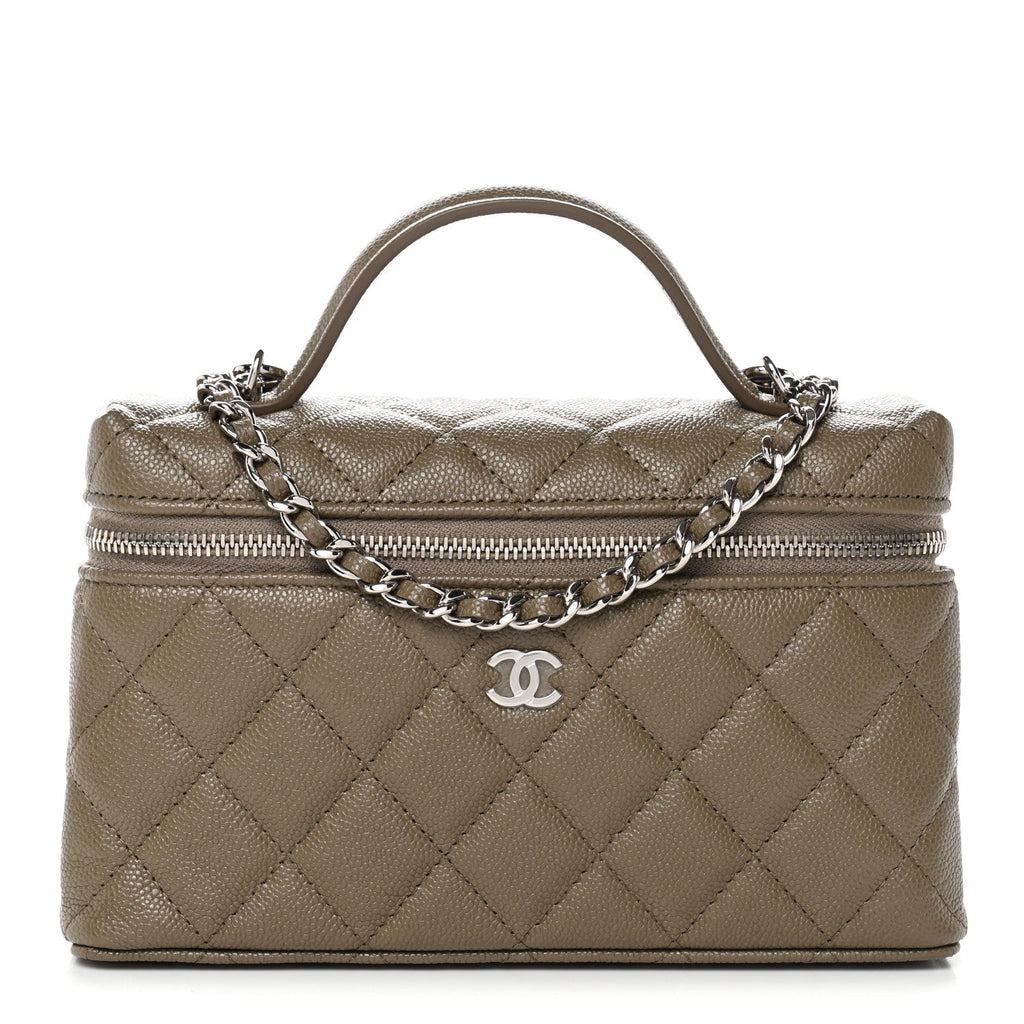 Caviar Quilted Top Handle Slim Vanity With Chain Dark Khaki