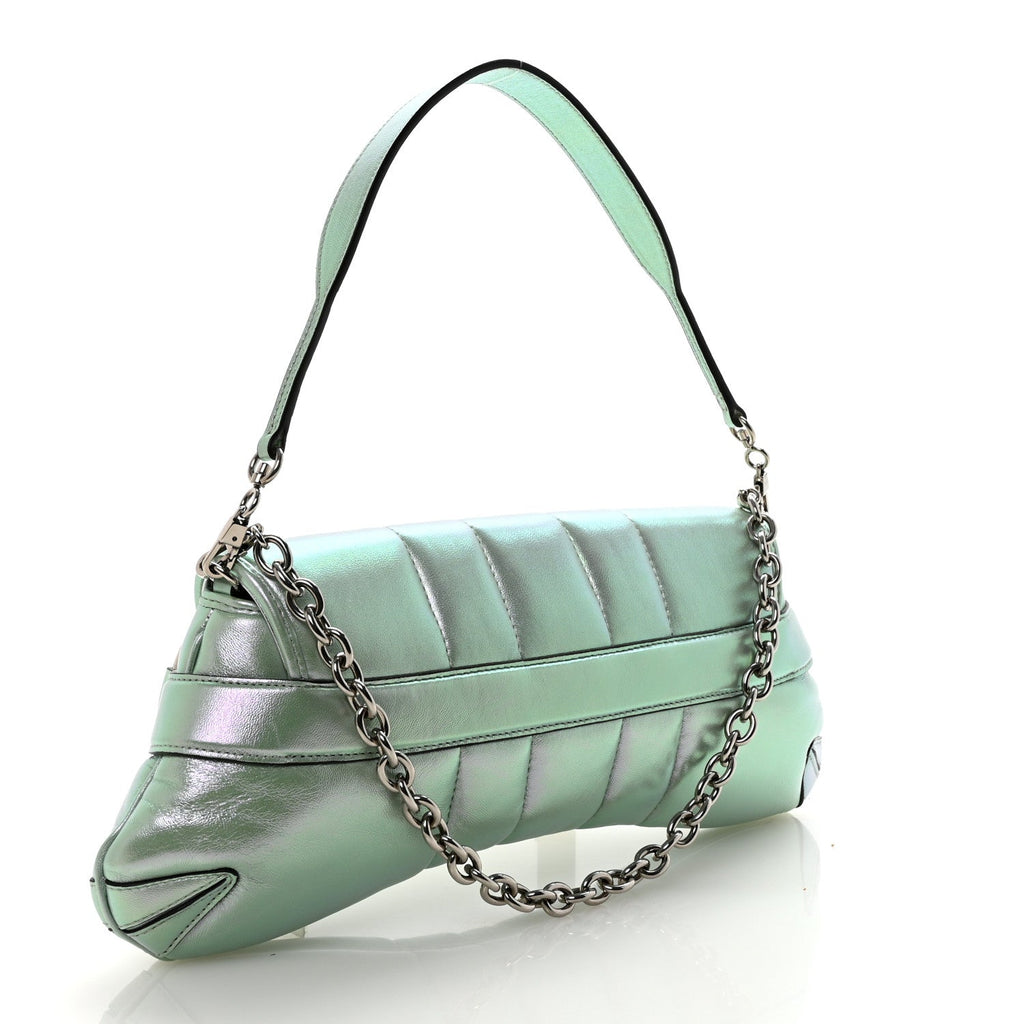 Iridescent Nappa Vertical Matelasse Medium Maxi Horsebit Chain Shoulder Bag Iridescent Salvy Green