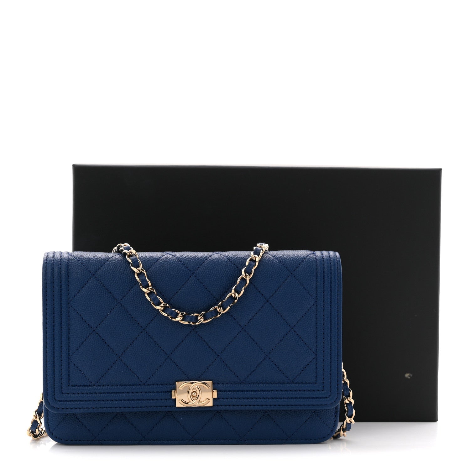 Caviar Quilted Boy Wallet On Chain WOC Dark Blue