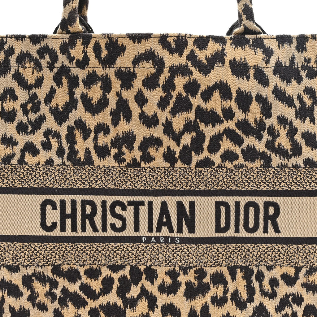 Canvas Mizza Embroidered Large Leopard Book Tote Beige