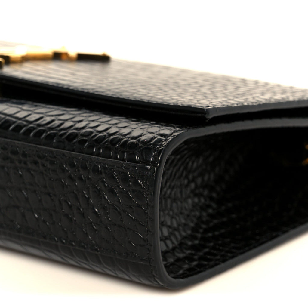 Calfskin Crocodile Embossed Medium Classic Monogram Kate Tassel Satchel Black