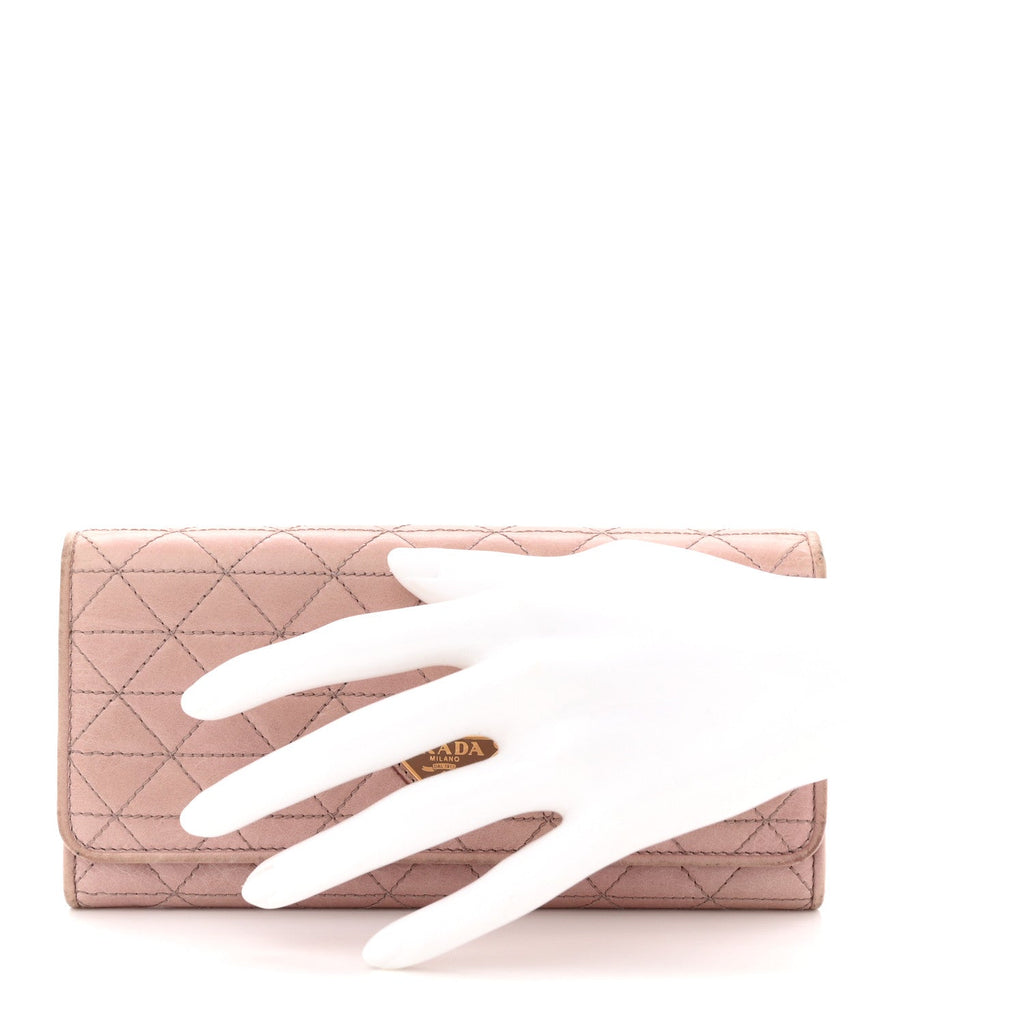 Glossy Calfskin Triangle Quilted Triangle Continental Flap Wallet Light Pink