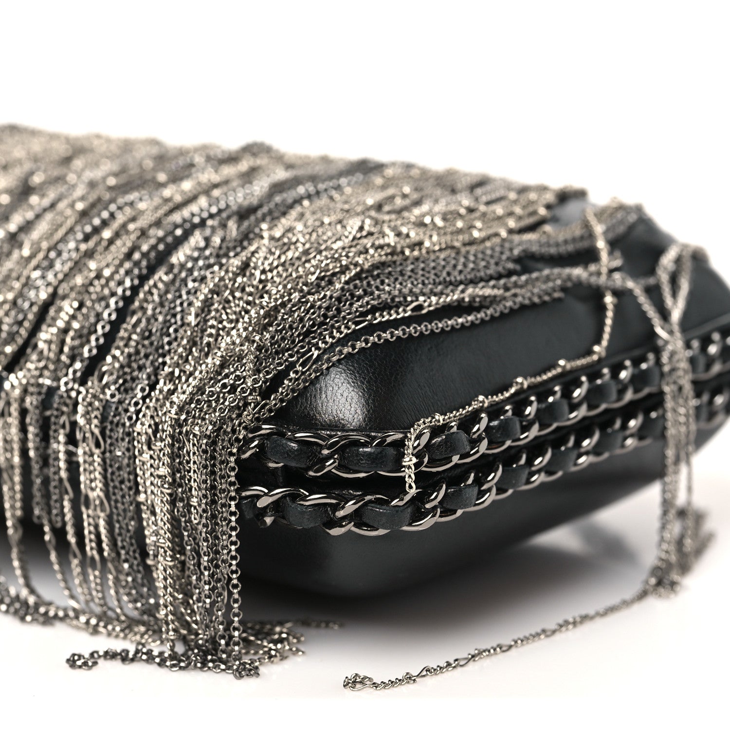 Lambskin Chain Fringe Clutch With Chain  Black