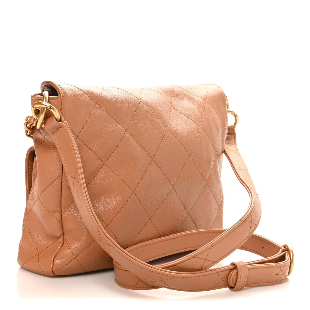 Shiny Calfskin Quilted Small Supple Twins Hobo Bag Brown