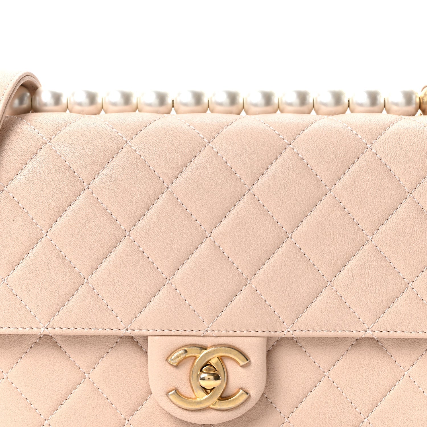 Goatskin Quilted Small Chic Pearls Flap Beige
