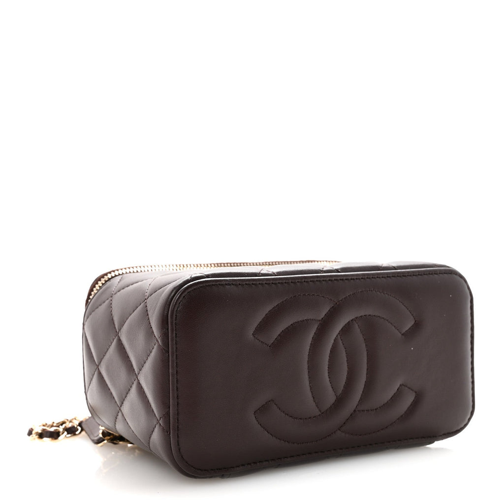 Lambskin Quilted Small Top Handle Vanity Case With Chain Dark Brown