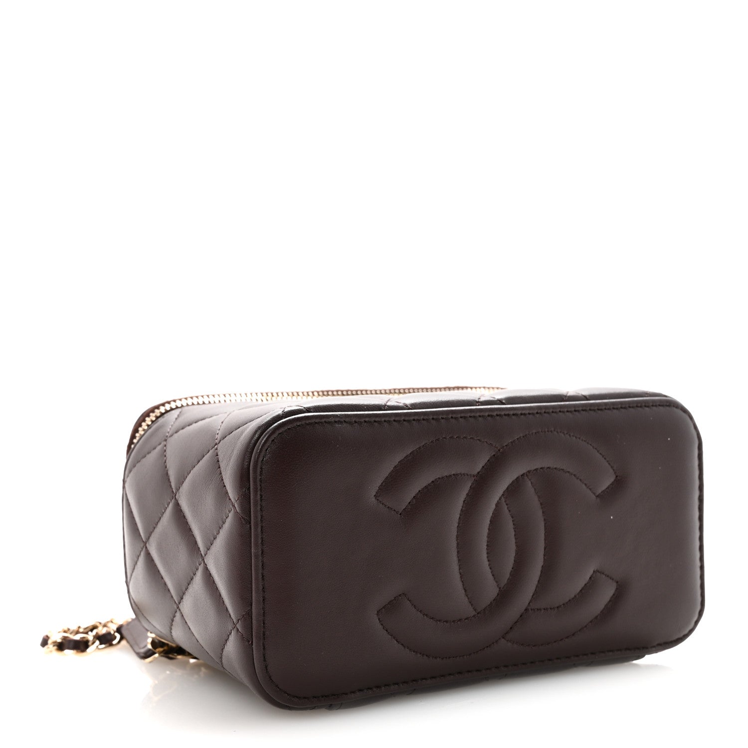 Lambskin Quilted Small Top Handle Vanity Case With Chain Dark Brown