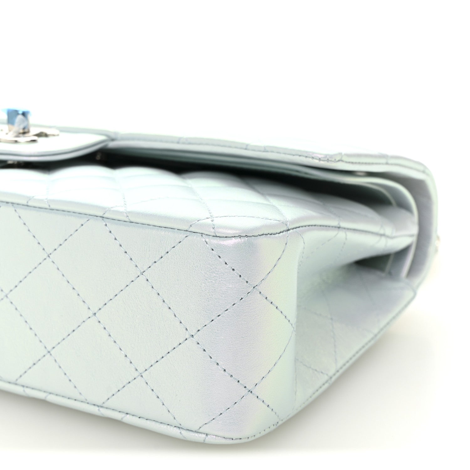 Iridescent Calfskin Quilted Medium Double Flap Light Blue