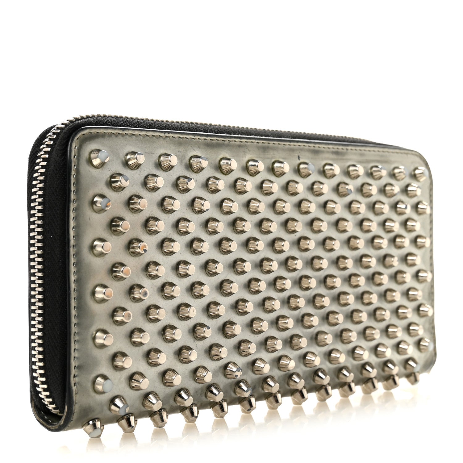 Metallic Patent Panettone Spiked Zip Around Wallet Silver