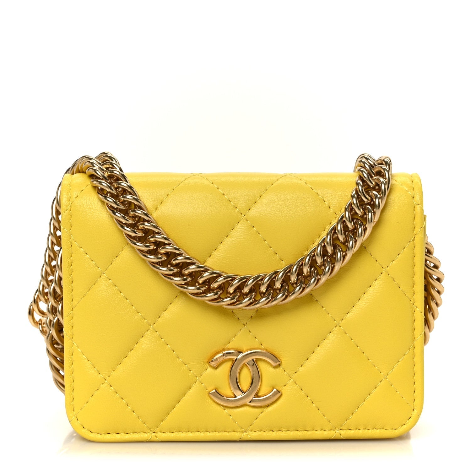 Lambskin Quilted Enamel Logo Flap  Holder On Chain Yellow