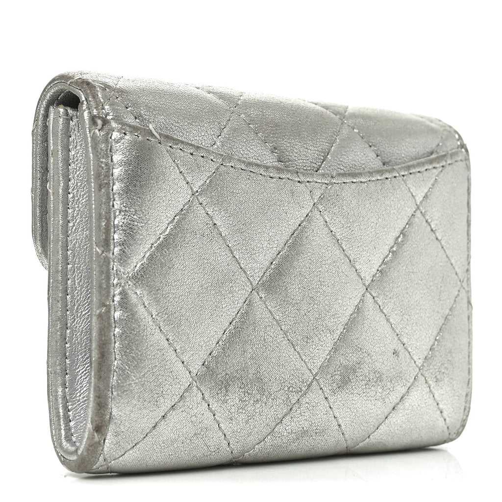 Metallic Lambskin Quilted Flap  Holder Wallet Silver