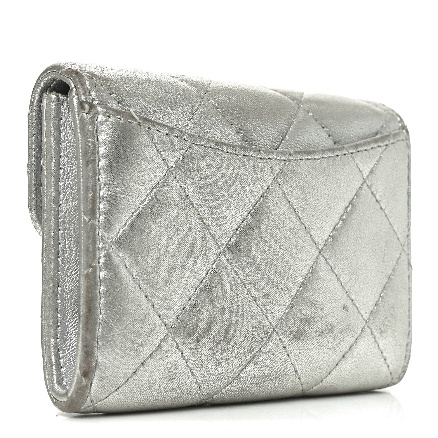 Metallic Lambskin Quilted Flap  Holder Wallet Silver