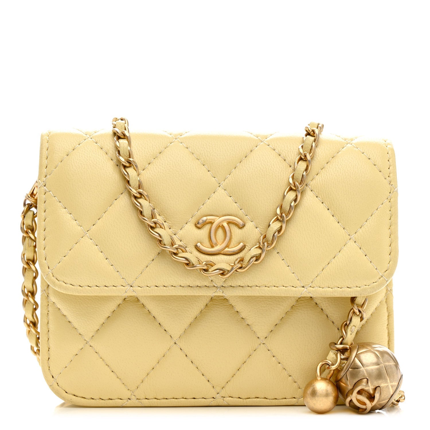 Lambskin Quilted Pearl Crush Clutch With Chain Yellow