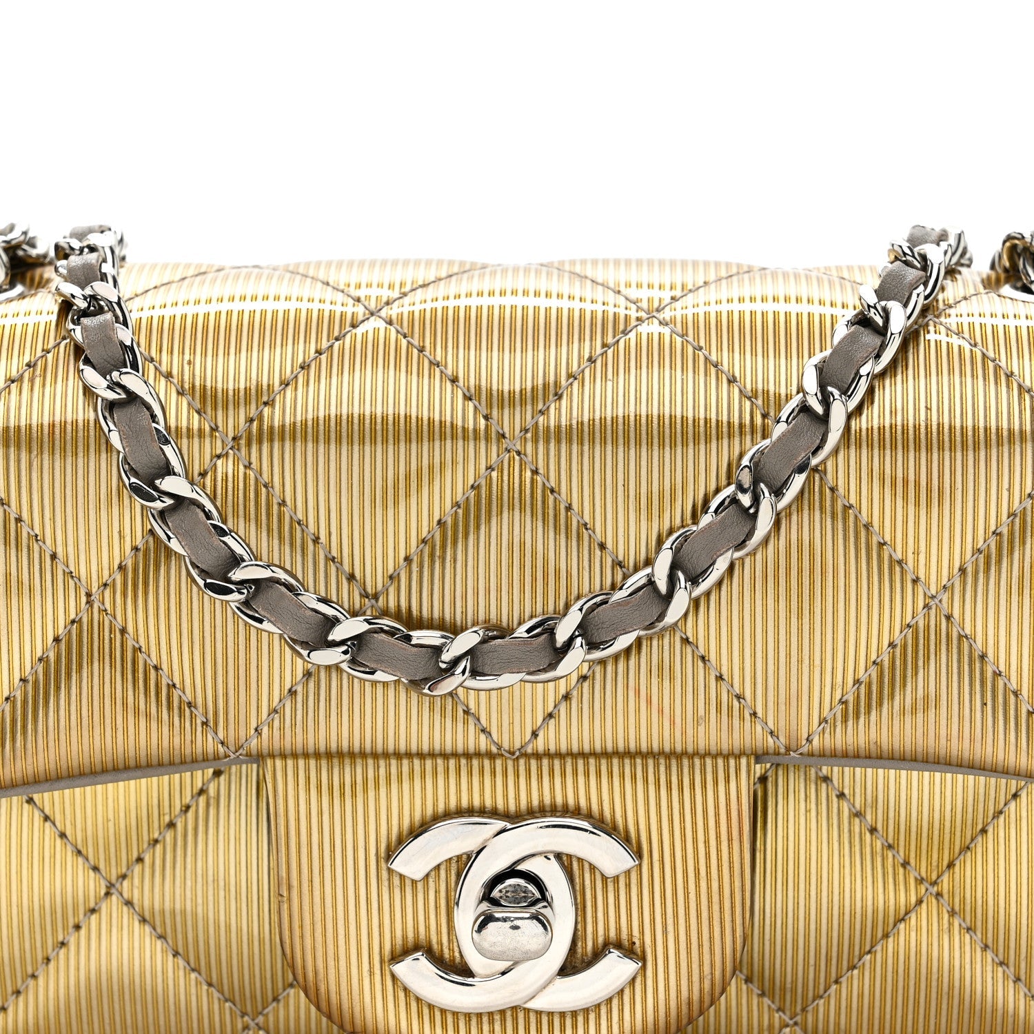 Striated Patent Quilted Extra Mini Rectangular Flap Gold