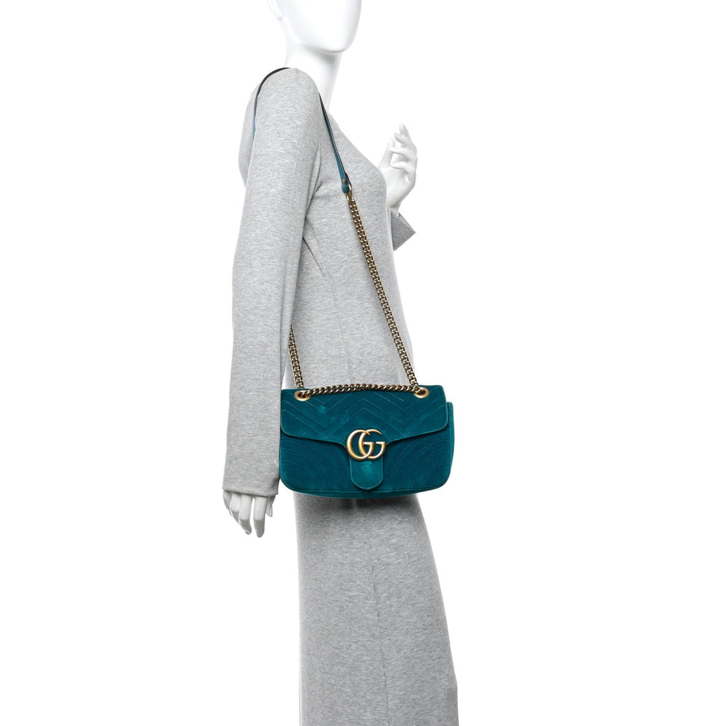 Velvet Matelasse Small GG Marmont Shoulder Bag Pavone Cyan