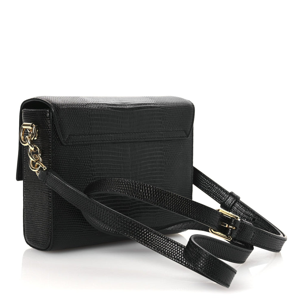 Lizard Embossed Crystal Embellished DG Millennials Mini Crossbody Bag Black