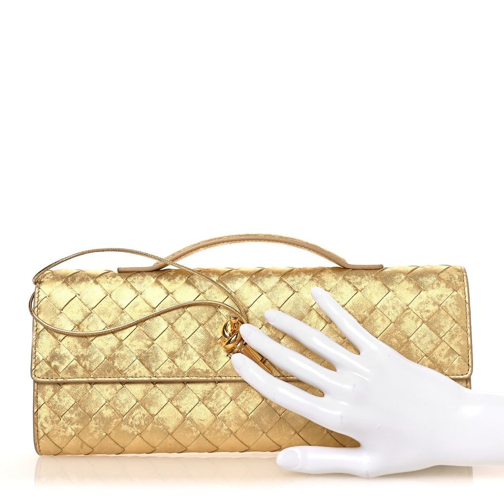 Metallic Satin Lambskin Intrecciato Long Andiamo Top Handle Clutch Gold