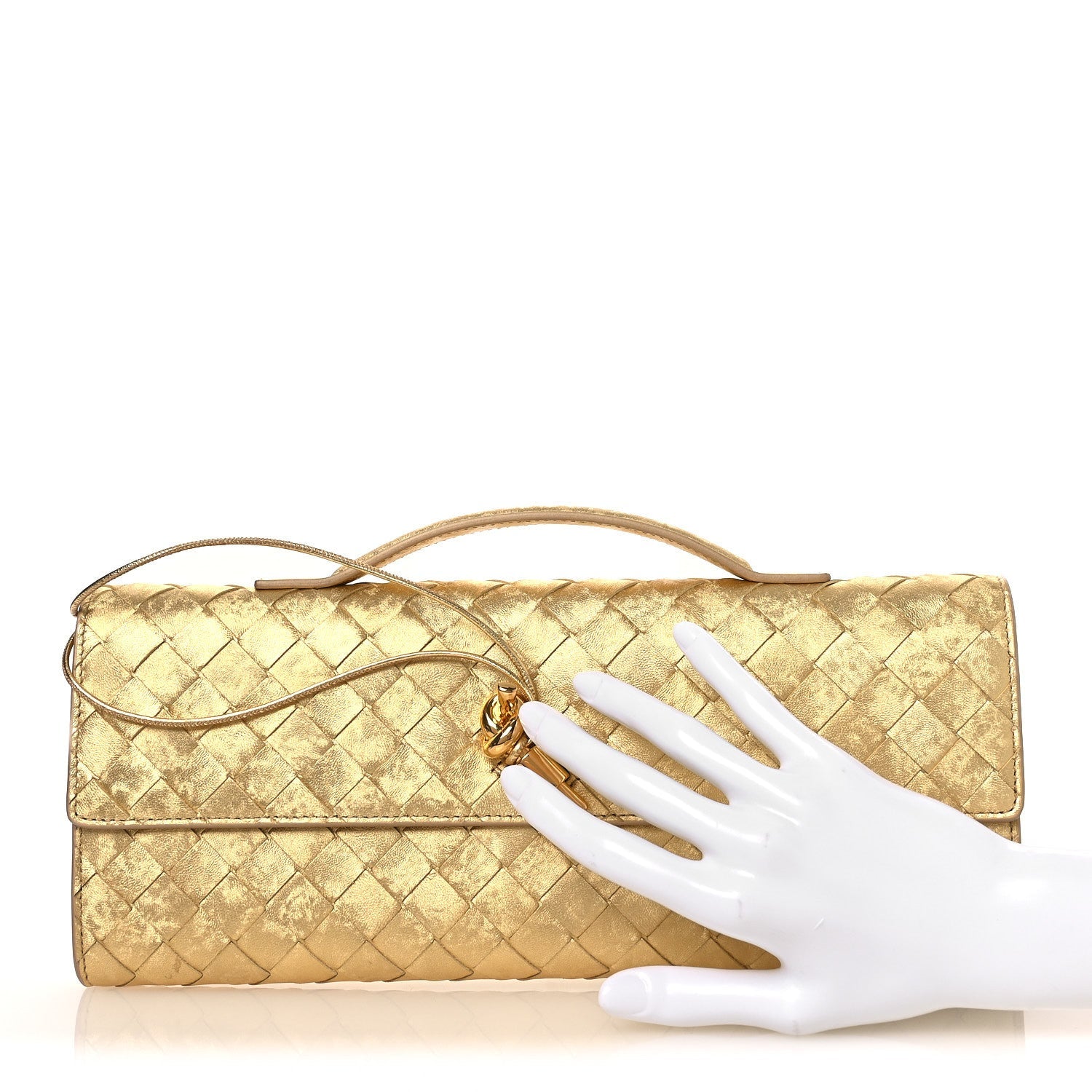 Metallic Satin Lambskin Intrecciato Long Andiamo Top Handle Clutch Gold
