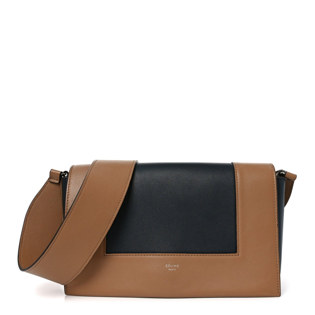 Shiny Smooth Calfskin Medium Frame Shoulder Bag Tan Navy
