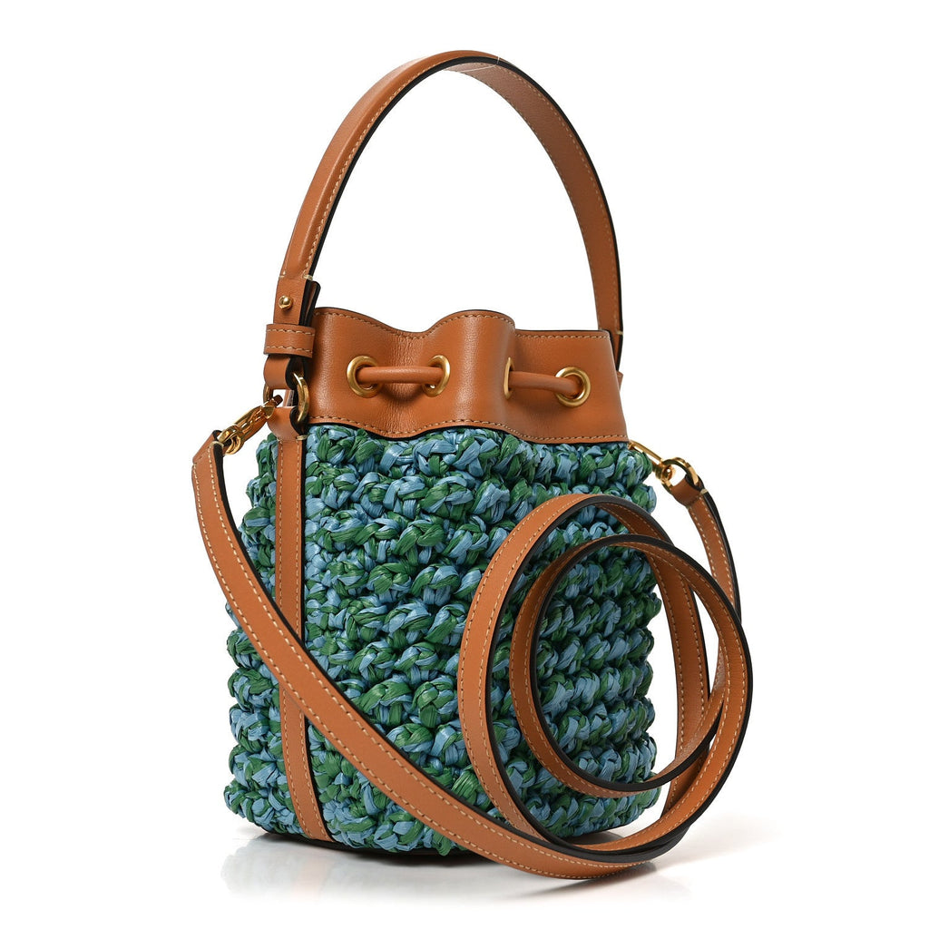 Raffia Crochet Nappa Mini Vlogo Bucket Bag Brown Blue