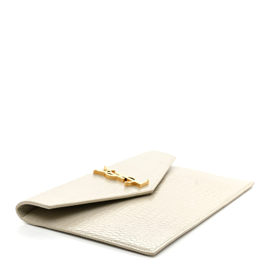 Calfskin Crocodile Embossed Uptown Monogram Pouch Crema Soft