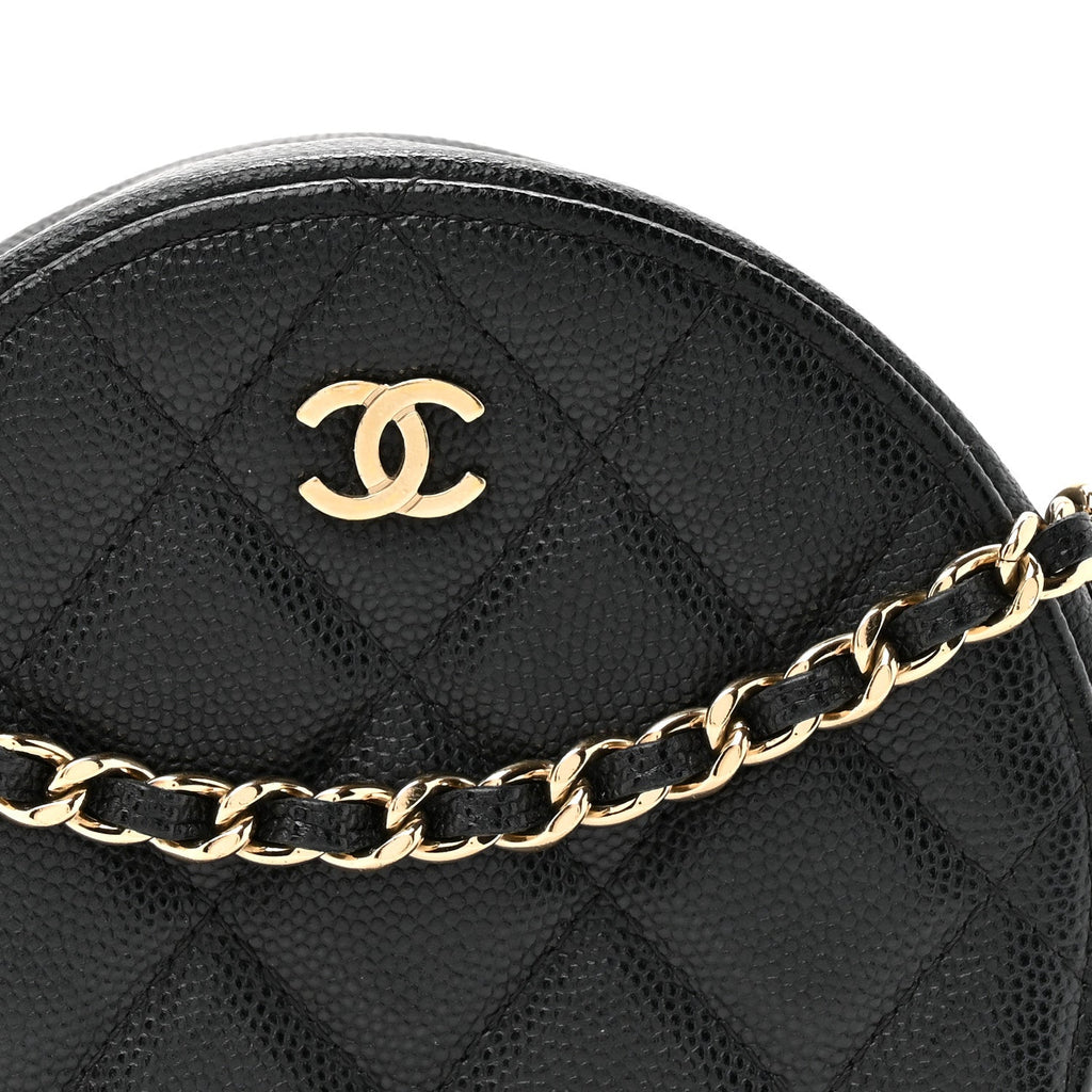Caviar Quilted Round Clutch With Chain Black