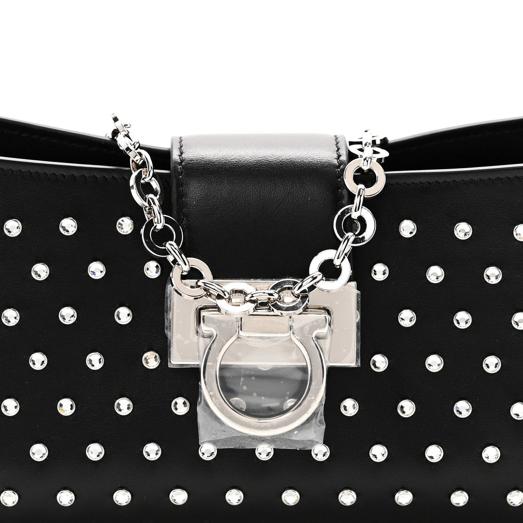 Calfskin Studded Trifolio Shoulder Bag Black