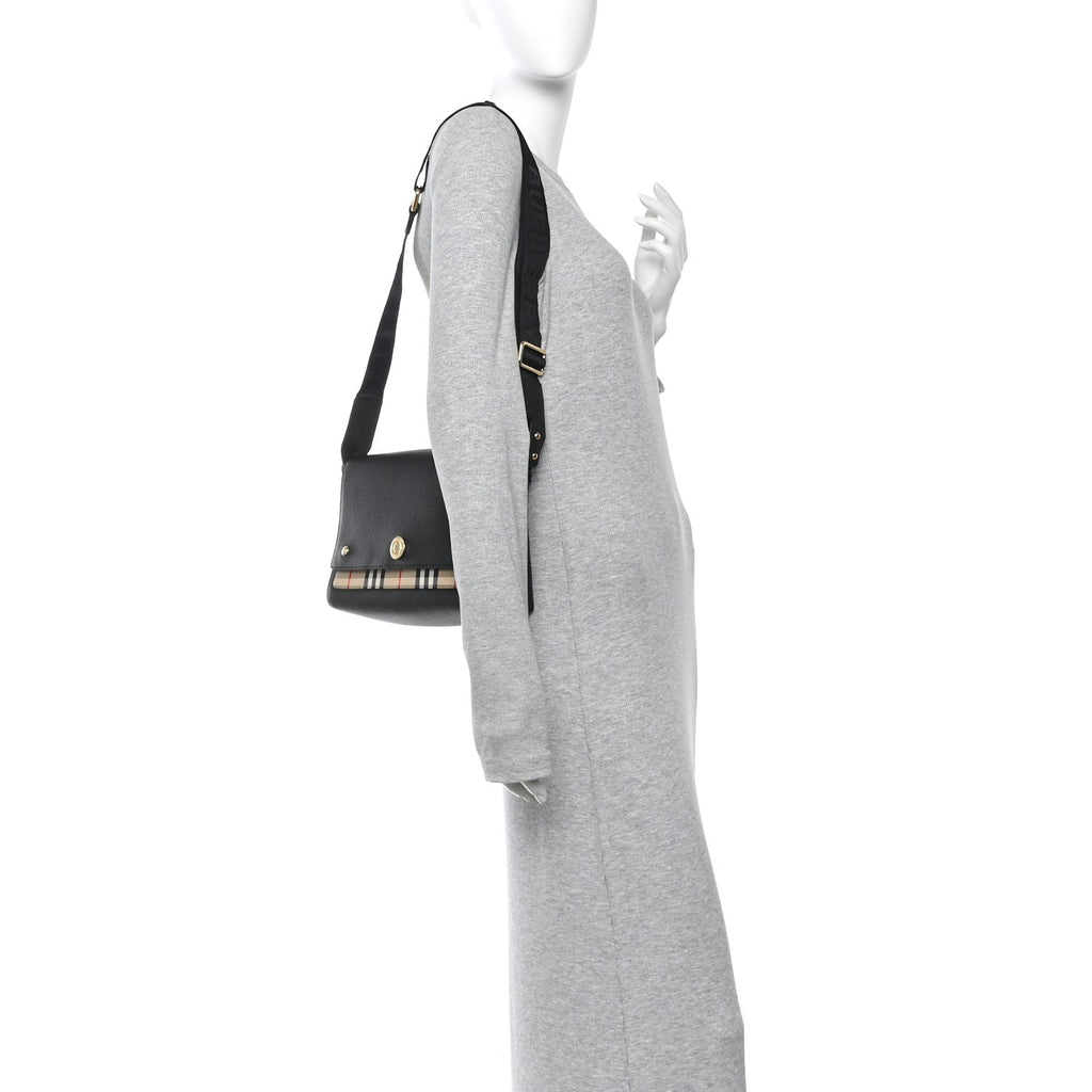 Coated Canvas Calfskin Vintage Check Medium Note Crossbody Bag Black