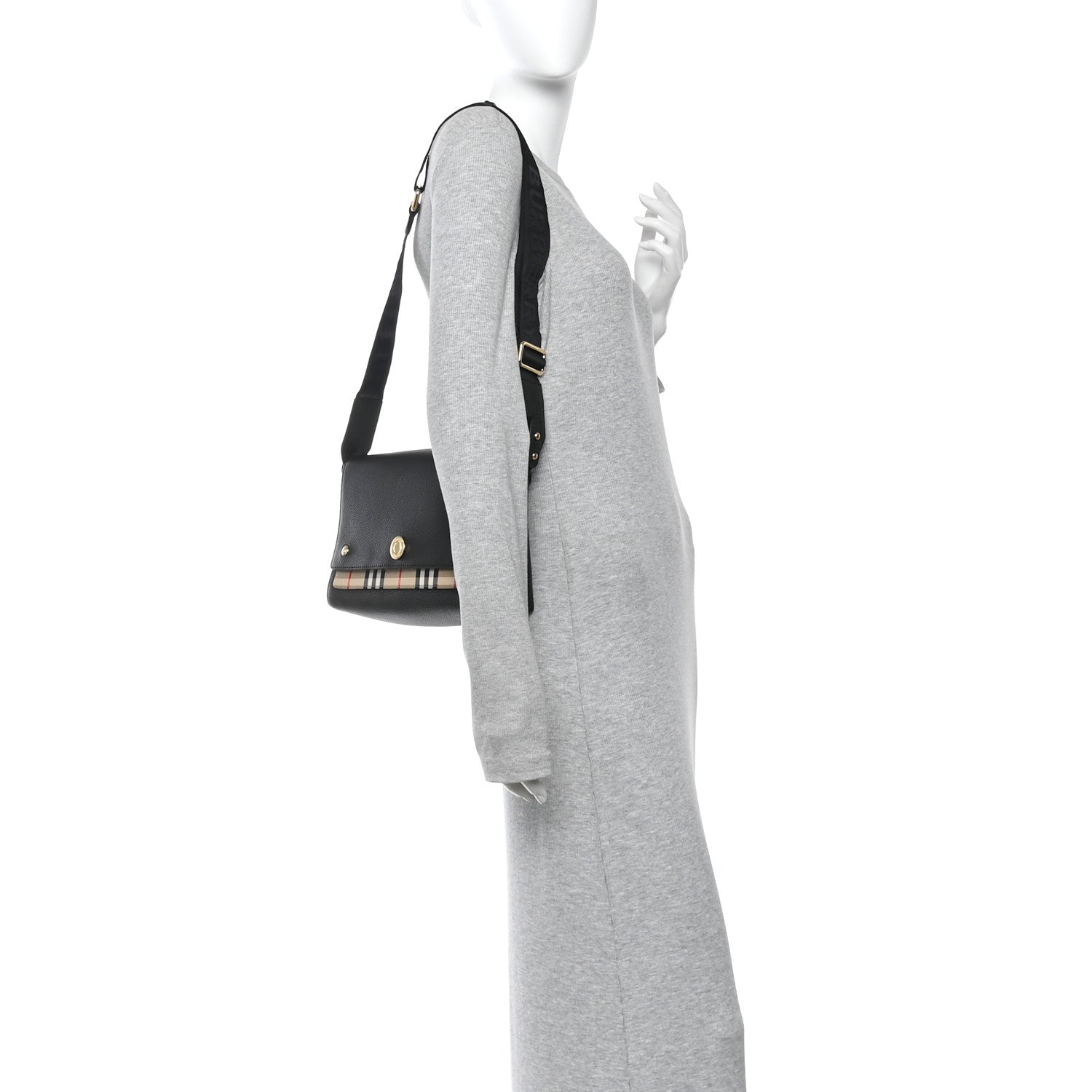 Coated Canvas Calfskin Vintage Check Medium Note Crossbody Bag Black