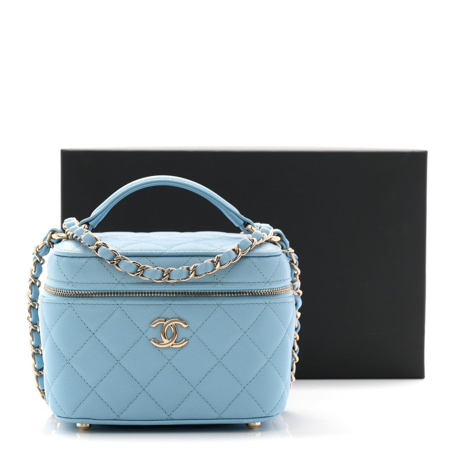 Caviar Quilted Top Handle Vanity Case With Chain Blue