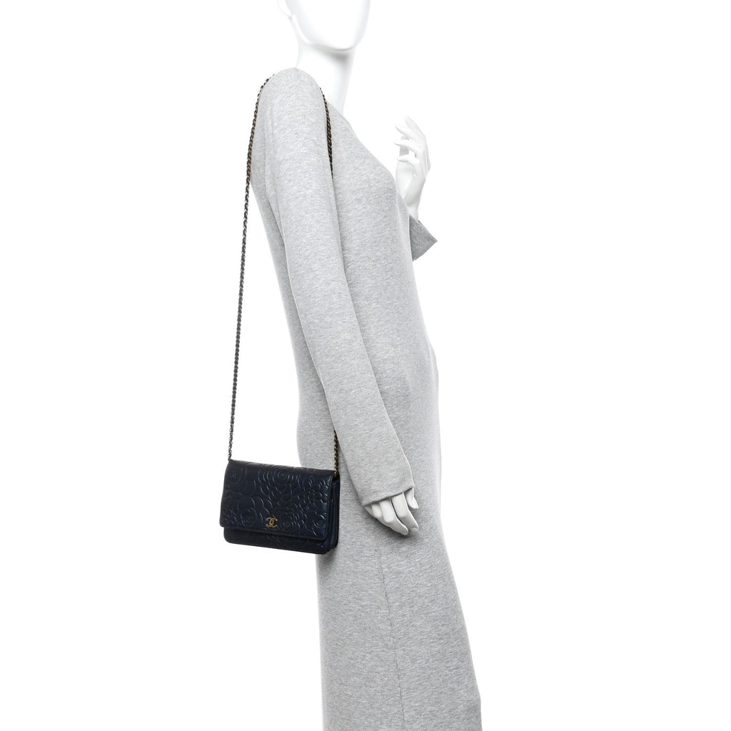 Metallic Lambskin Camellia Embossed Wallet on Chain WOC Navy