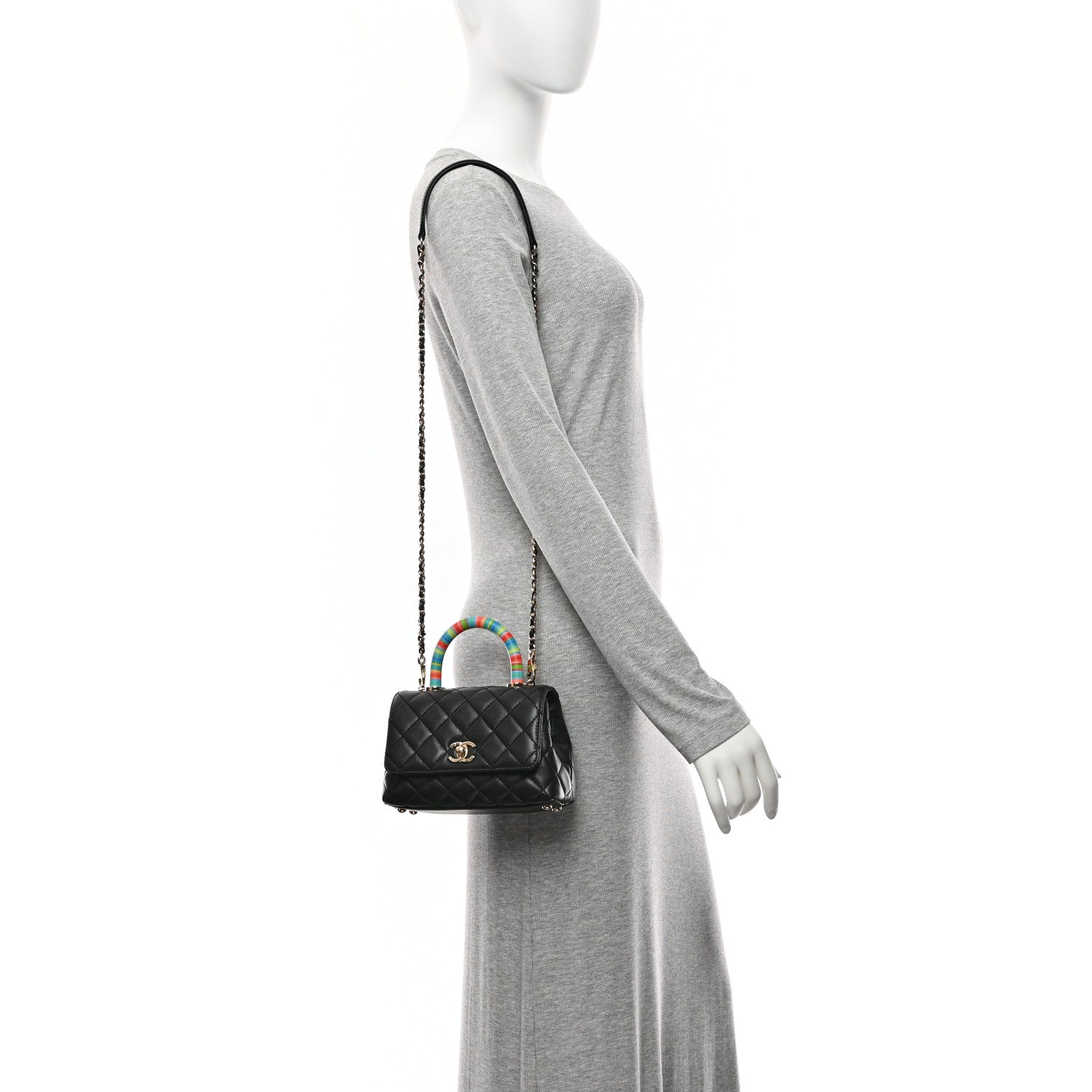 Goatskin Quilted Rainbow Extra Mini Coco Handle Flap Black