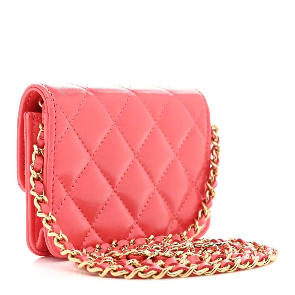 Shiny Lambskin Quilted  Holder On Chain Pink