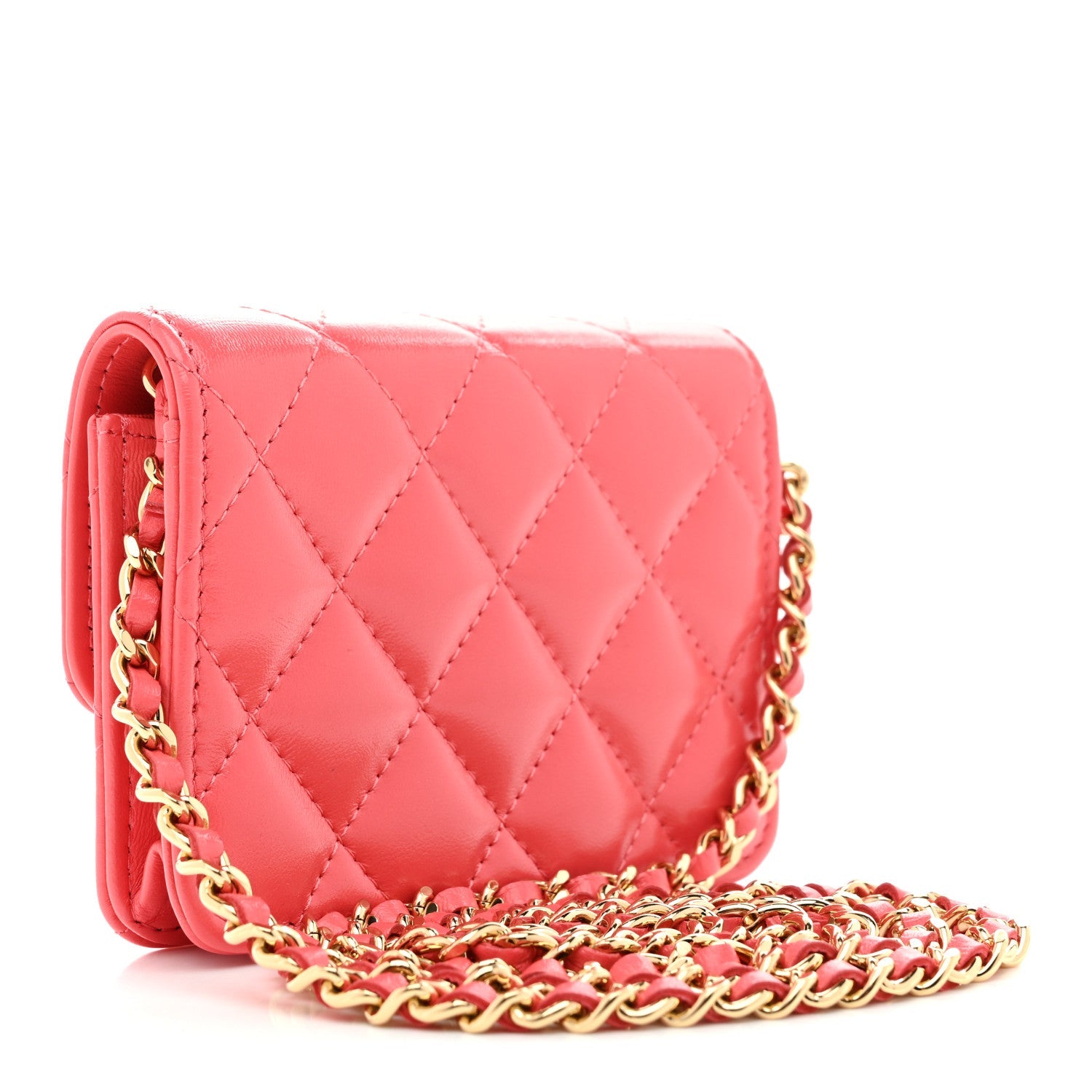 Shiny Lambskin Quilted  Holder On Chain Pink