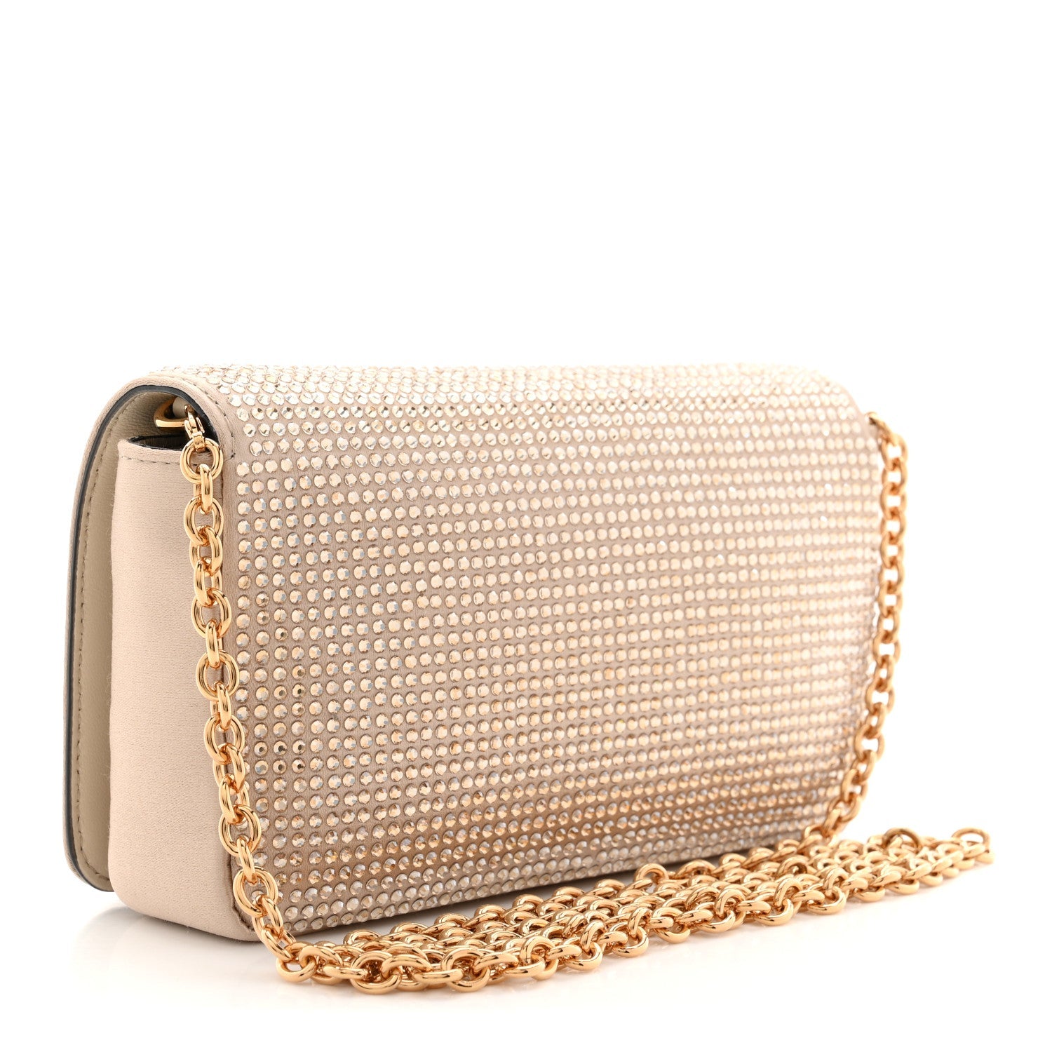 Satin Crystal Medusa Chain Clutch Beige