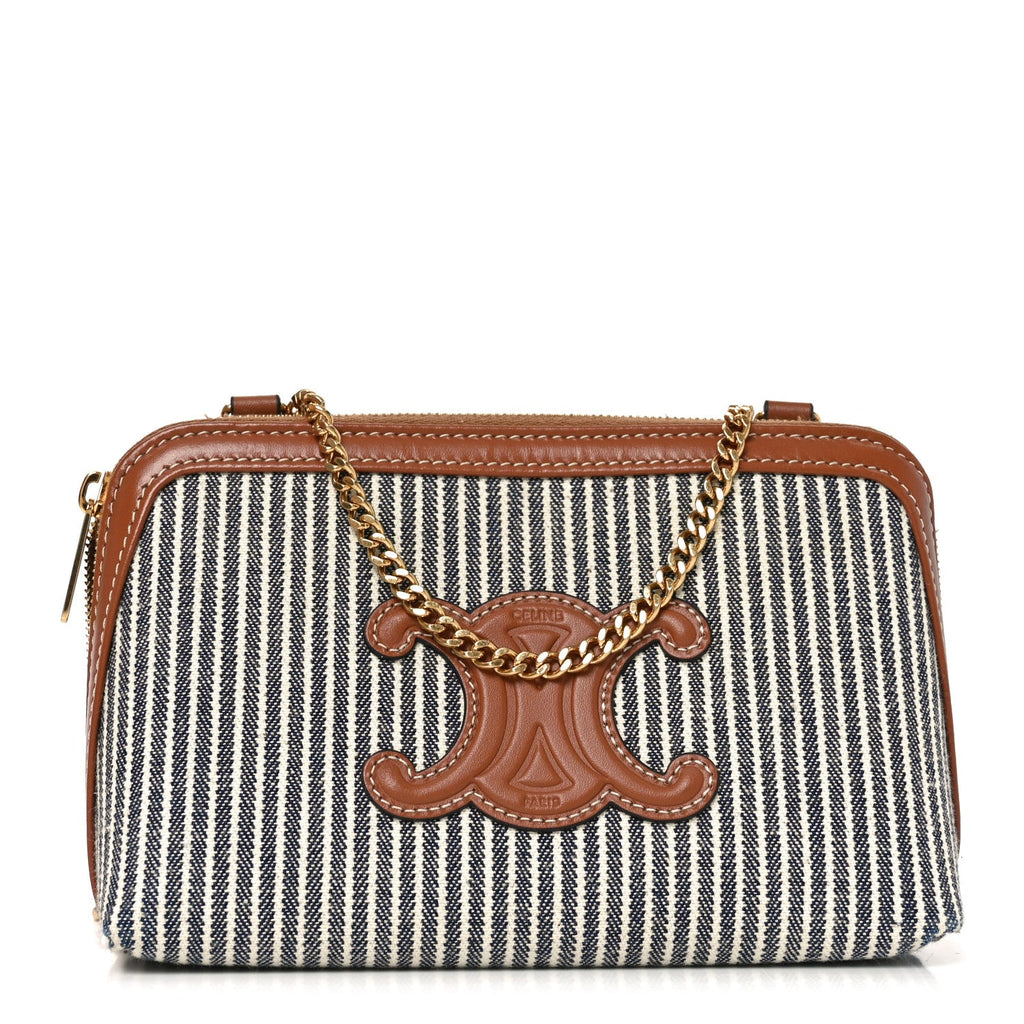 Canvas Calfskin Striped Triomphe Clutch On Chain Navy Blue Tan