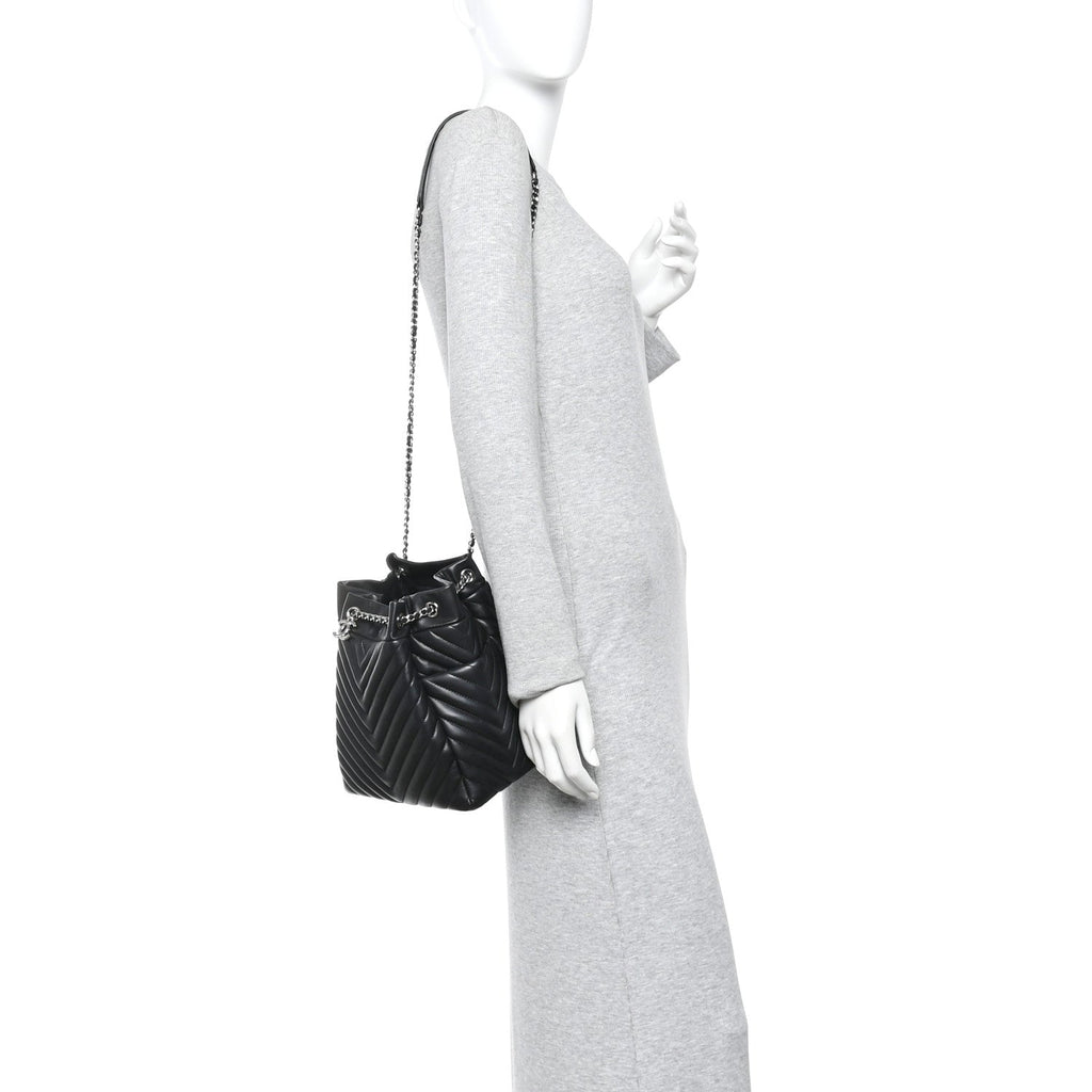 Lambskin Chevron Small Urban Spirit Drawstring Bag Black