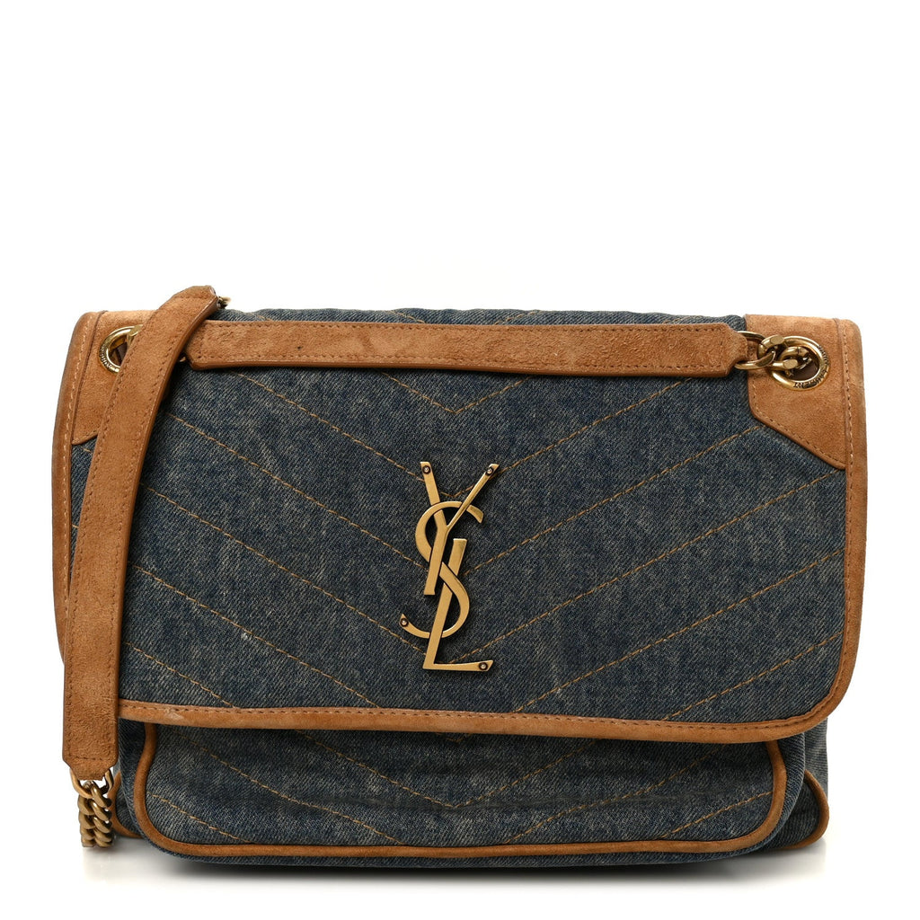 Denim Suede Monogram Medium Niki Chain Satchel Blue Cinnamon