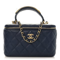 Lambskin Quilted Metal Small Top Handle Vanity Case With Chain Blue