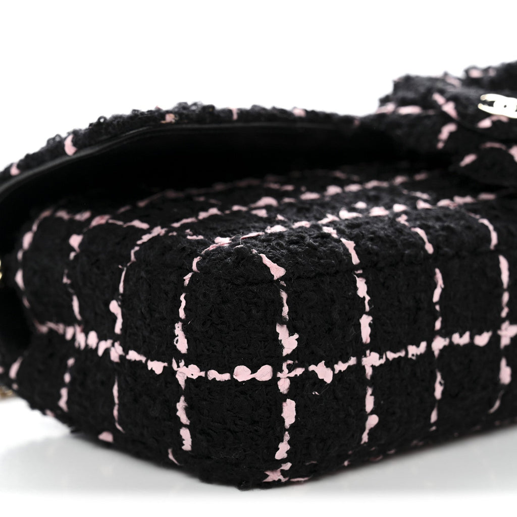 Tweed Quilted East West Camellia Clutch Black Pink