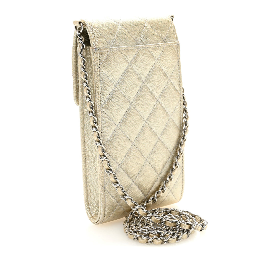 Metallic Caviar Quilted Classic Phone Holder Gold